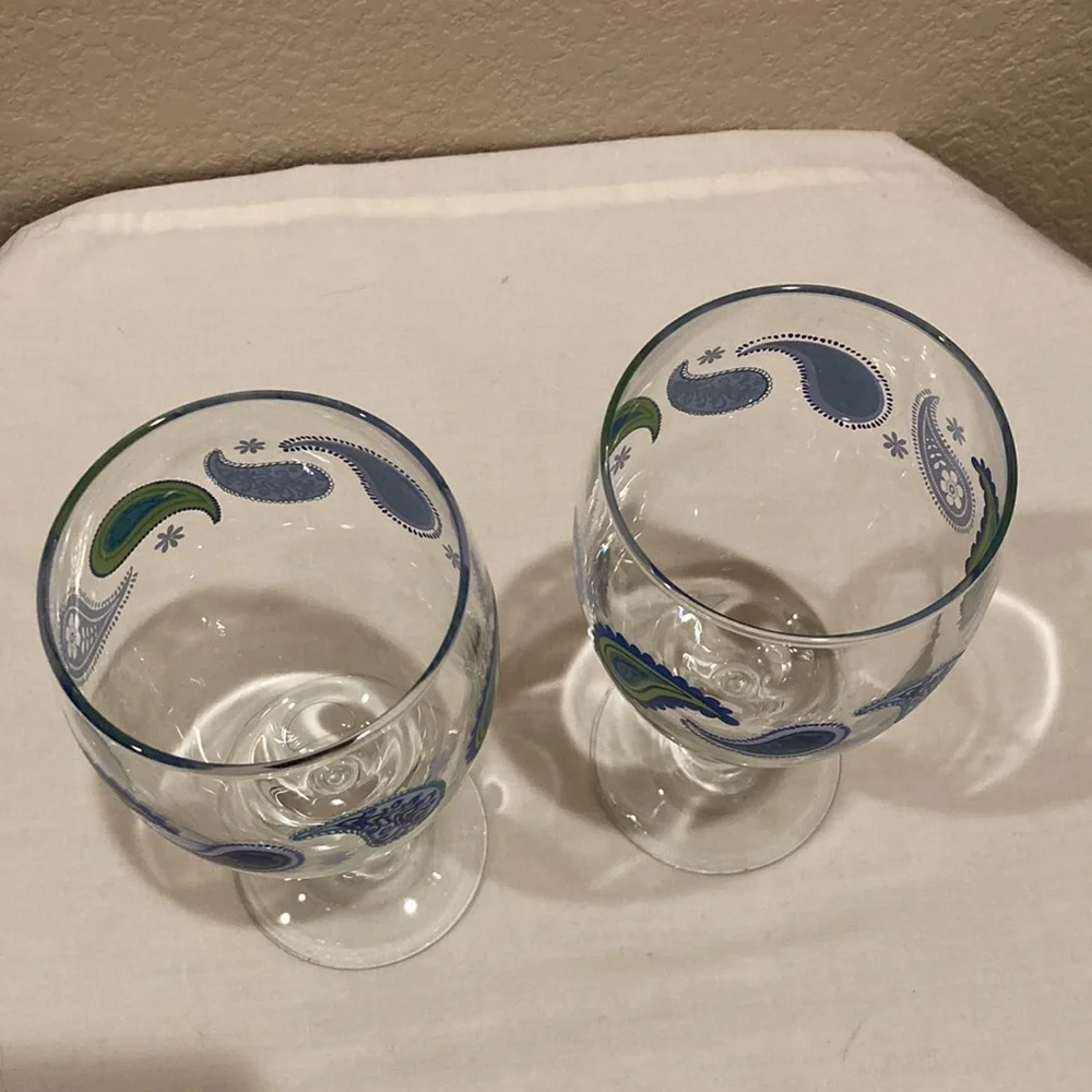 Set of 2 Libbey Paisley Wine Water Goblets Glasses Blue and Green Design 14oz
